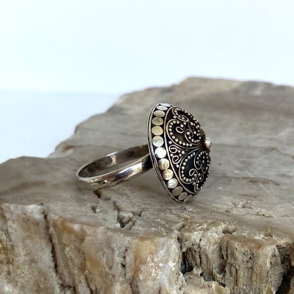 Sterling Silver 925 Round Domed Hollow Scrollwork Adjustable Ring Sz 8.25 - 9.5 - Picture 4 of 16
